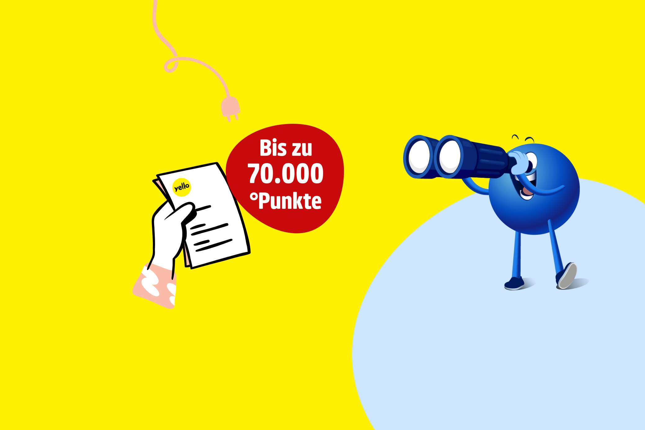 Mit Wechsel zu Yello viele PAYBACK °Punkte sammeln Werbemotiv von Yello und PAYBACK zur aktuellen Punkteaktion: Bis zu 70.000 PAYBACK °Punkte. Eine blaue PAYBACK Figur steht auf einer hellblauen Bühne und schaut durch ein Fernglas auf eine Yello Rechnung.