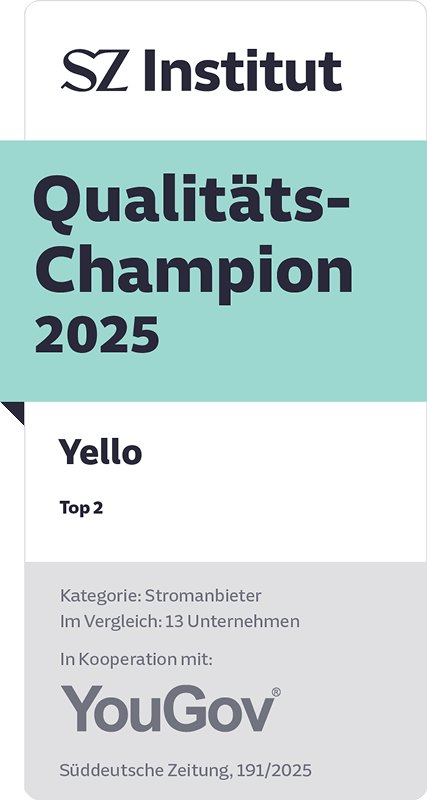 Testsiegel Top 2 von SZ als Qualitäts-Champion für Yello.