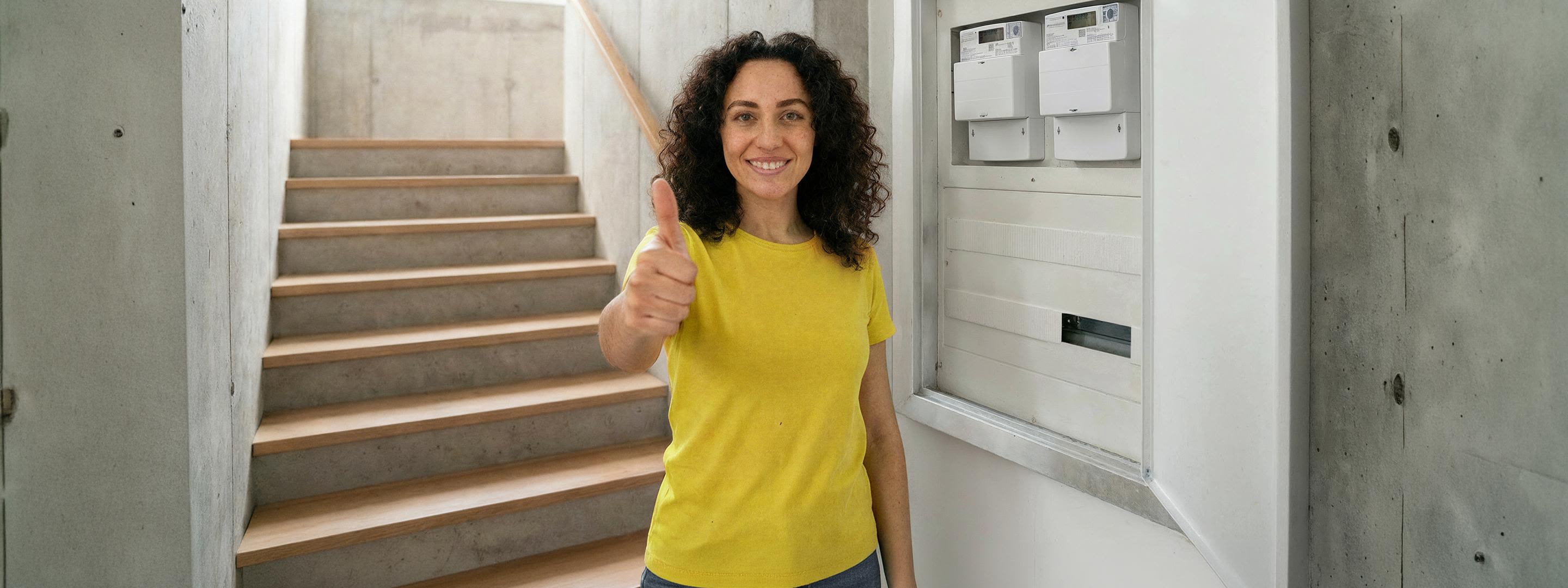 Diese verschiedenen Stromzähler-Arten gibt es Eine Frau in gelbem Shirt steht neben Zählerkasten mit digitalem Stromzähler und zeigt lächelnd ihren Daumen hoch.