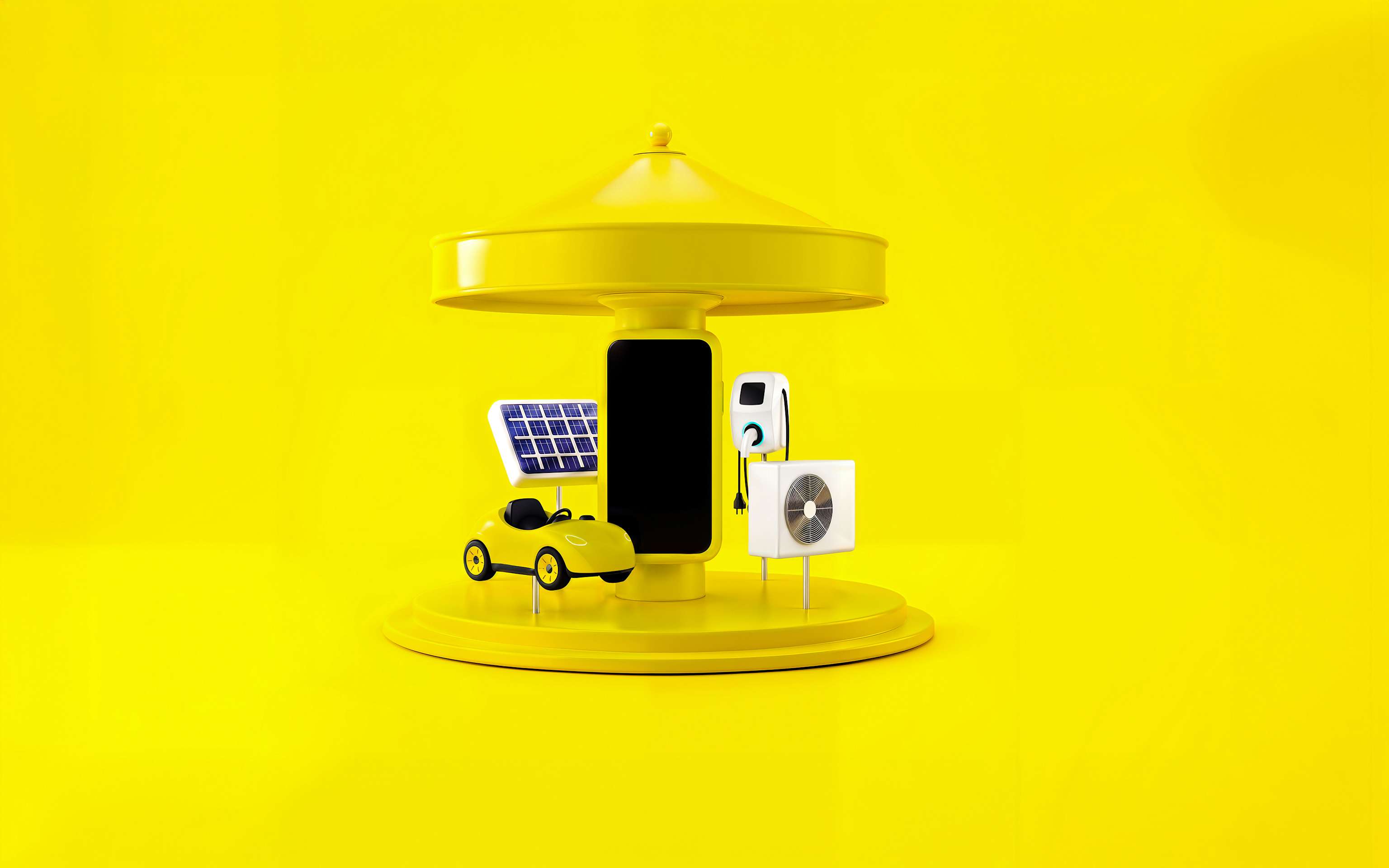 Yello Hub ist dein Energie-Autopilot in der App Gelbes Karussell mit E-Auto, Wärmepumpe und Solaranlage – KI-generiert