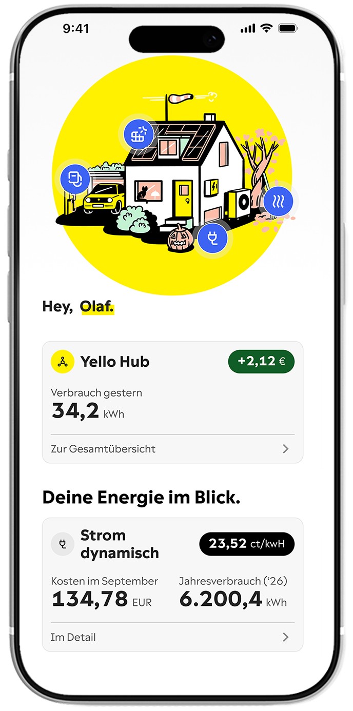 Ein Smartphone mit der Yello Hub Ansicht in der Yello App