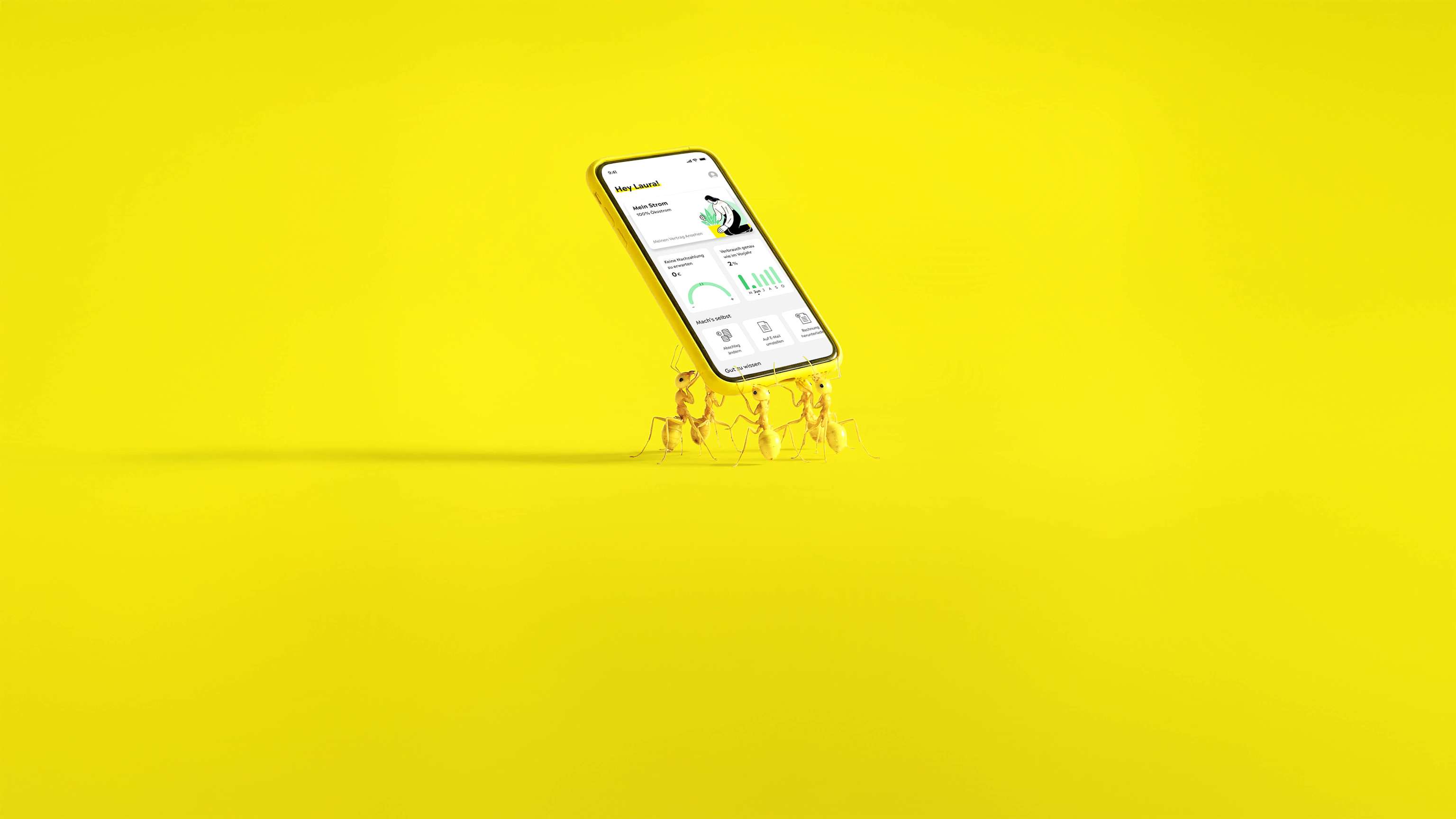 Unser Online Service für dich - ganz ohne Wartschleifen Kleine gelbe Ameisen tragen ein Handy, das die Yello App zeigt - KI generiert