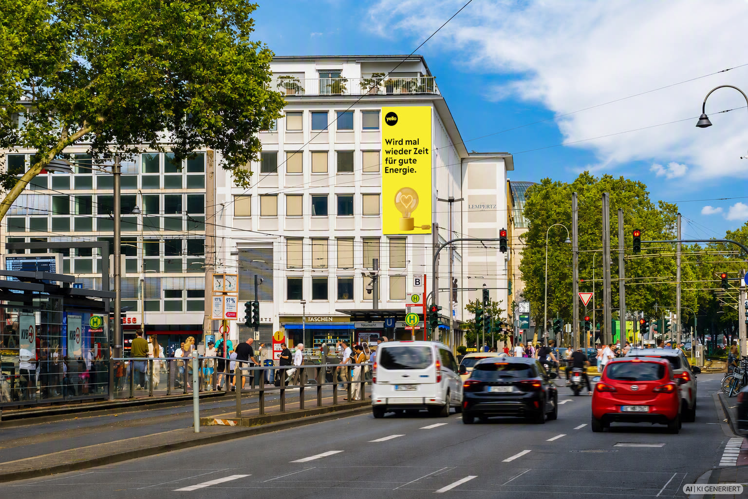 Yello macht Köln einen Tag lang gelb. Eine belebte Straße am Neumarkt in Köln mit Autos und Straßenbahngleisen. An der Fassade eines Gebäudes hängt ein großes gelbes Werbeplakat von Yello mit der Aufschrift „Wird mal wieder Zeit für gute Energie“.