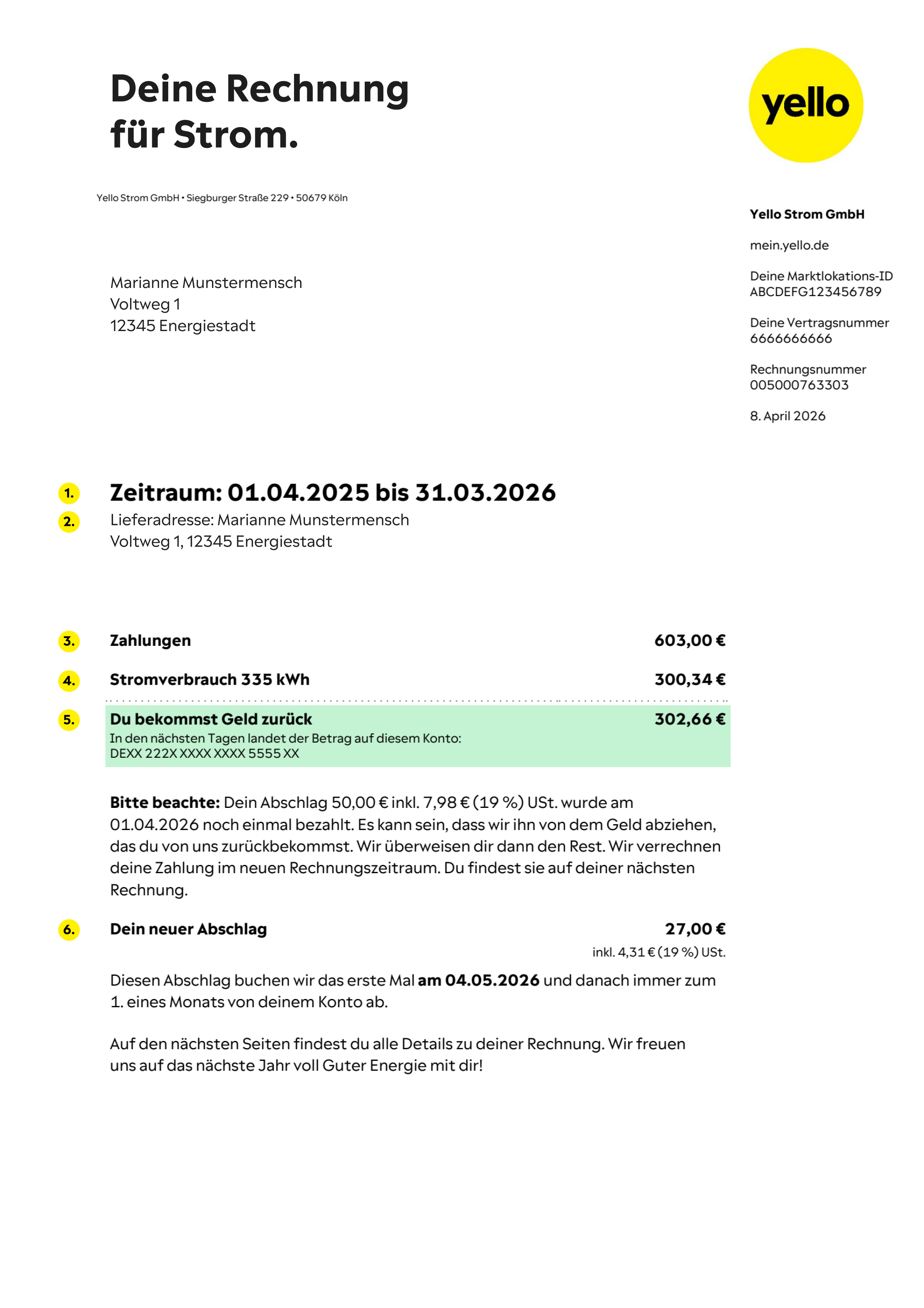 Erste Seite der Yello Rechnung