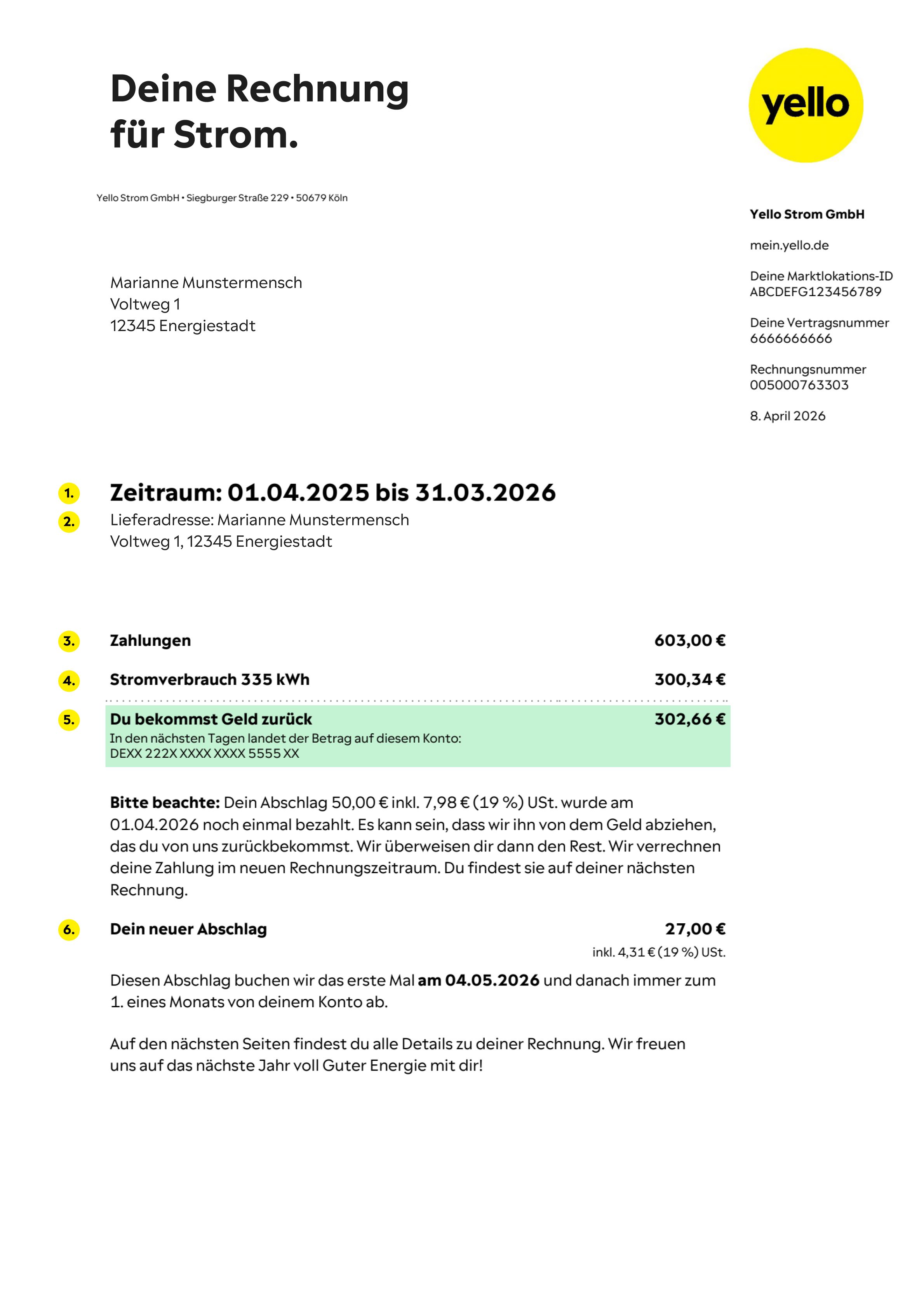Yello Rechnung erste Seite Erste Seite der Yello Rechnung