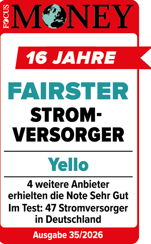 Jubiläums Testsiegel Focus Money für Yello als 16 Jahre fairster Stromversorger 2026