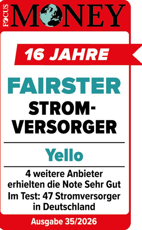 Im Focus Money Test ausgezeichnet als 16 Jahre fairster Stromversorger 2026 Jubiläums Testsiegel Focus Money für Yello als 16 Jahre fairster Stromversorger 2026