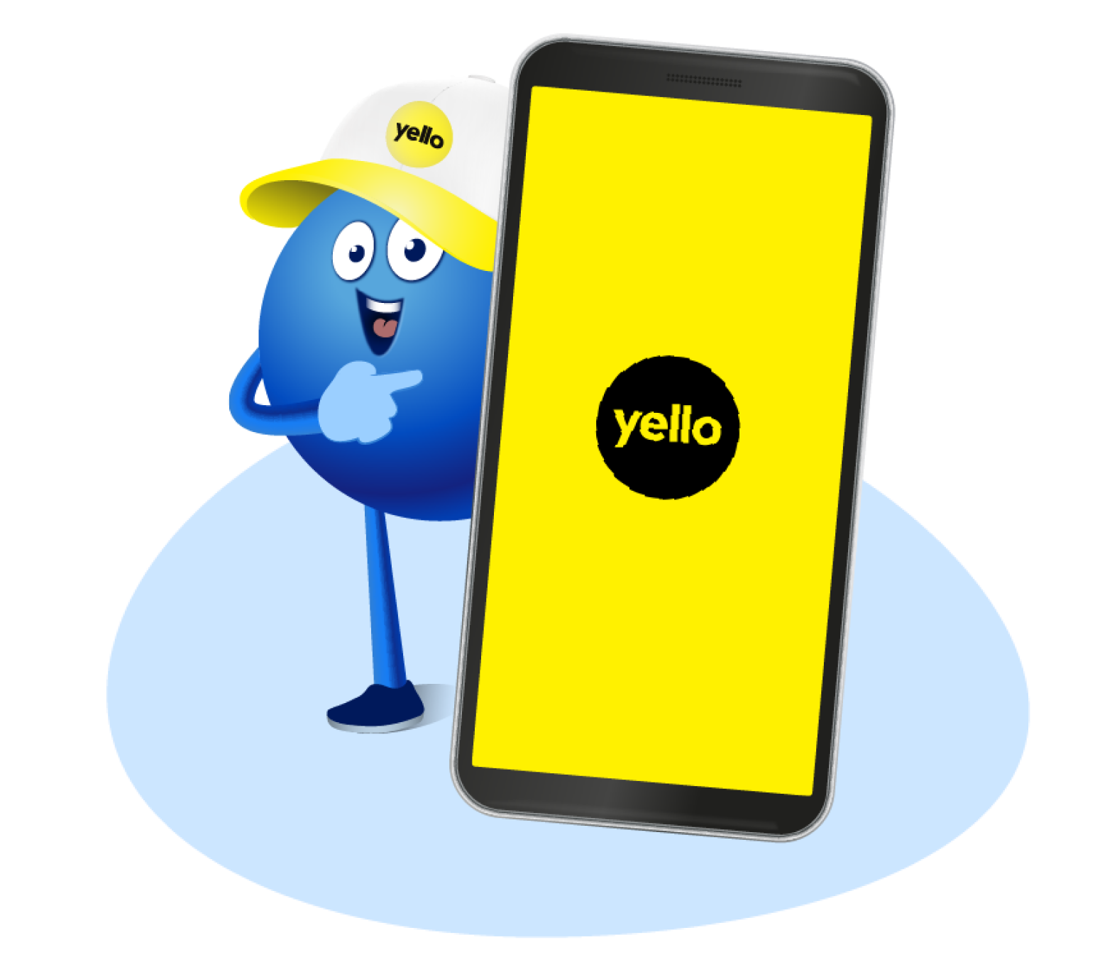 Blauer PAYBACK Pointee mit gelber Kappe zeigt auf Yello App 
