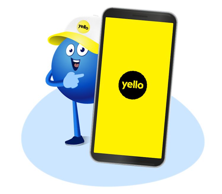Payback Pointee zeigt auf Yello App Blauer PAYBACK Pointee mit gelber Kappe zeigt auf Yello App